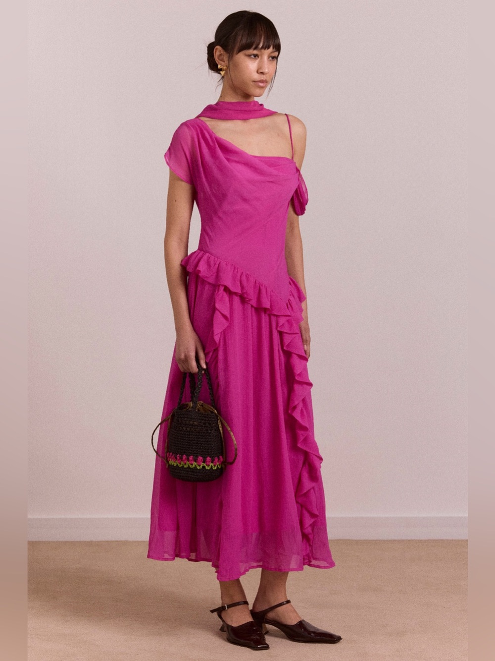 Damson Madder Moxie Midi Dress Fuchsia Ruffle Chiffon Size 12 NWOT